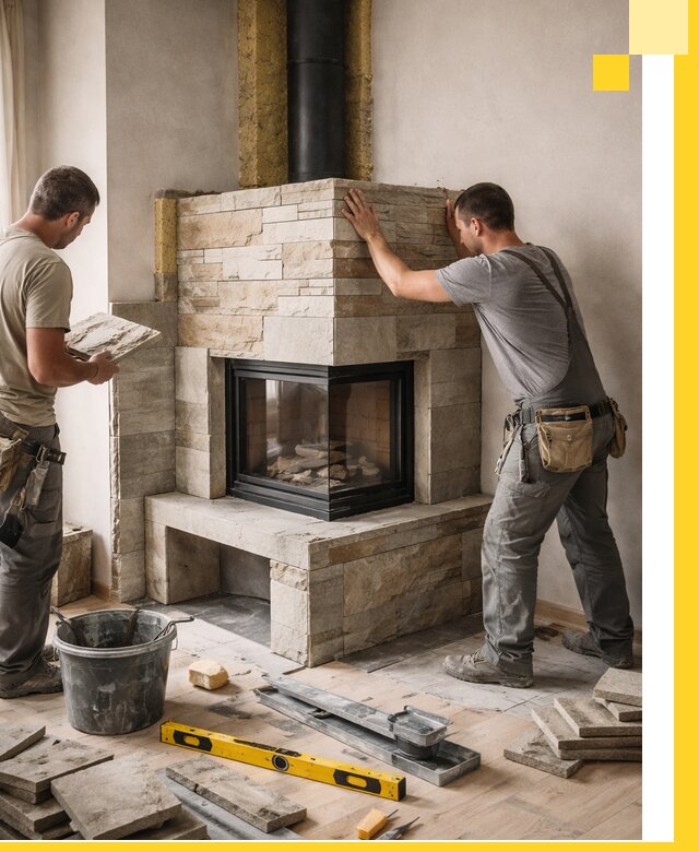 Угловые камины под ключ проект, монтаж и отделка в Салехарде